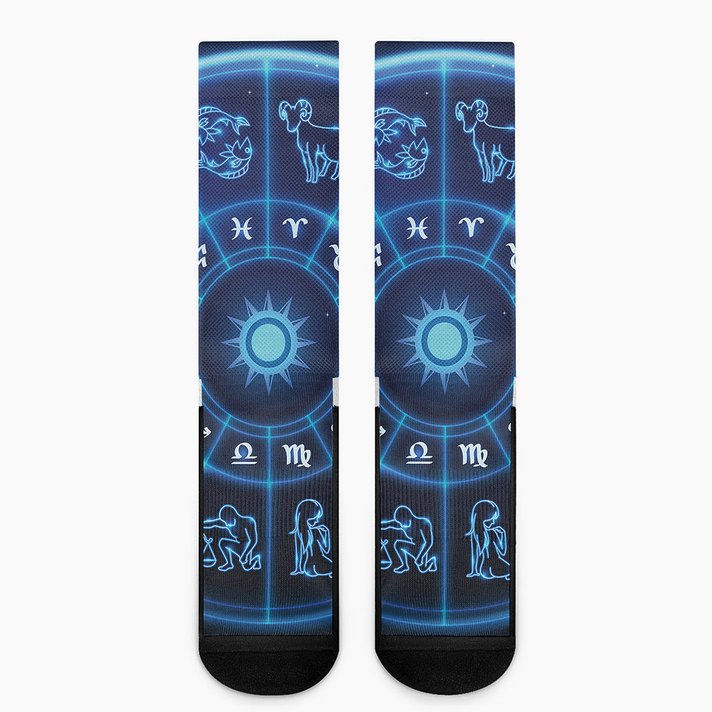 Blue Light Zodiac Circle Print Crew Socks