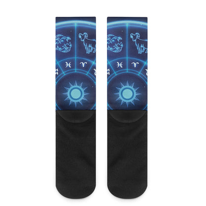 Blue Light Zodiac Circle Print Crew Socks