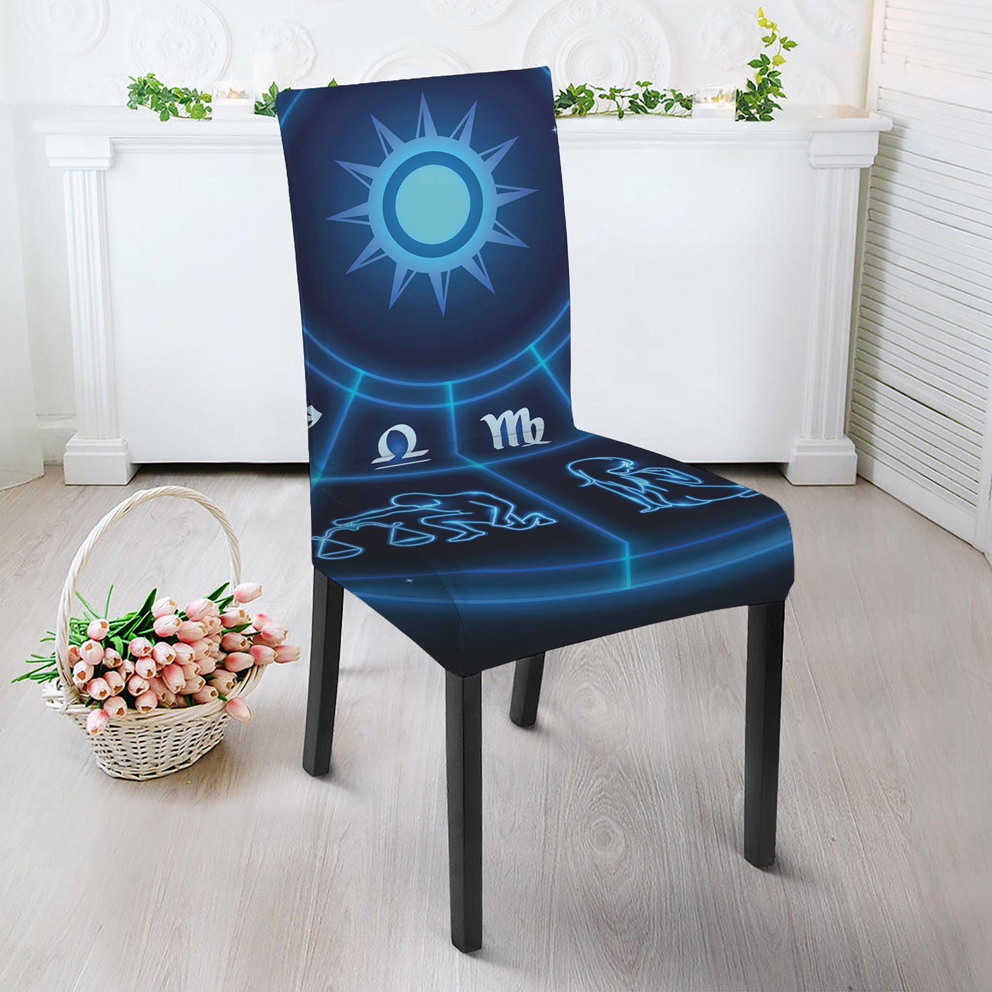Blue Light Zodiac Circle Print Dining Chair Slipcover