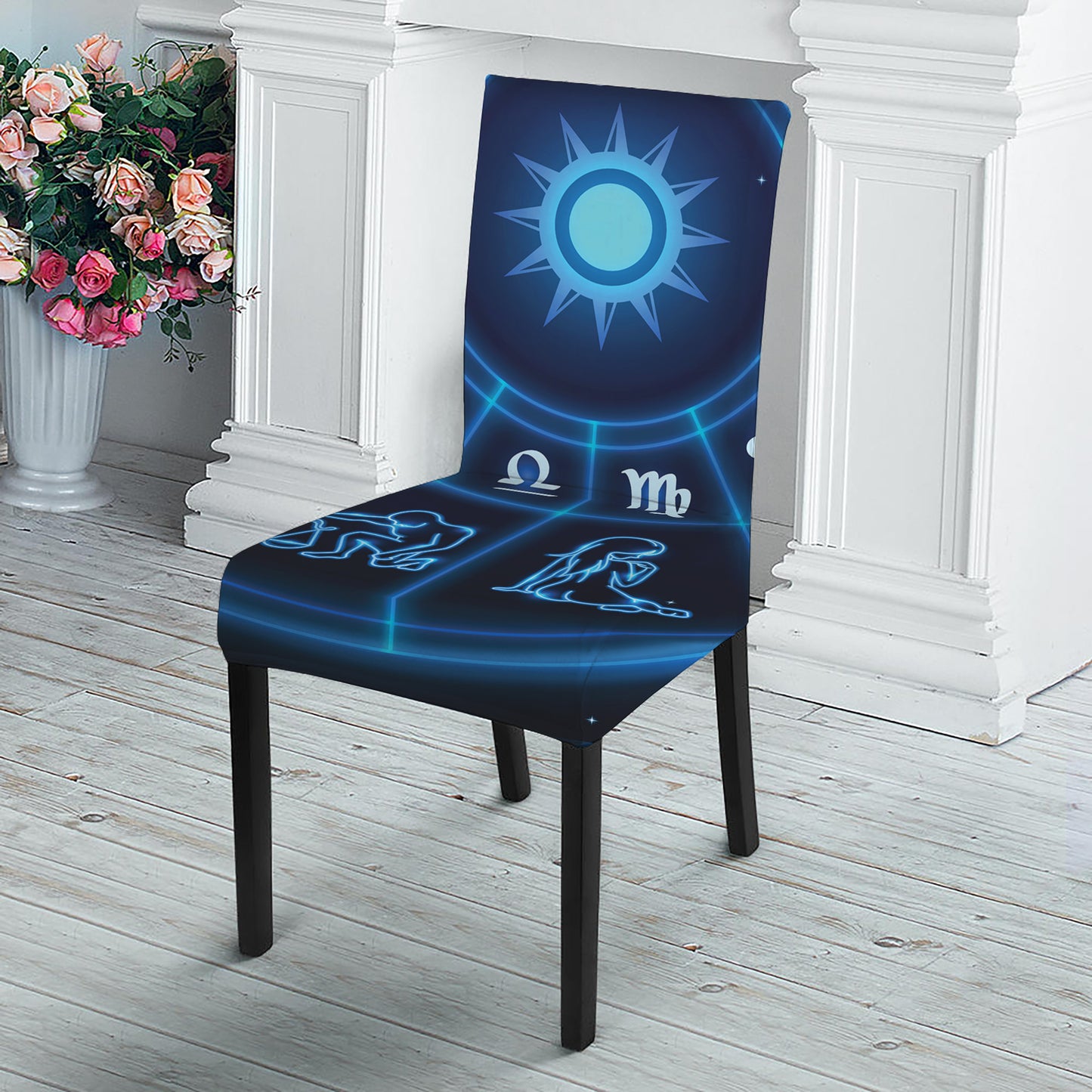 Blue Light Zodiac Circle Print Dining Chair Slipcover