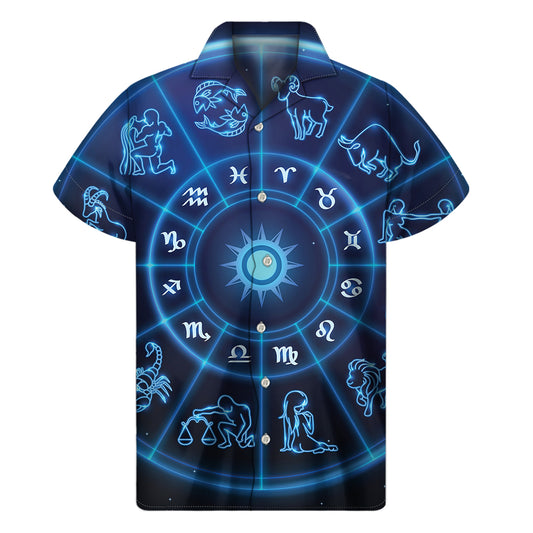 Blue Light Zodiac Circle Print Men's Short Sleeve Shirt