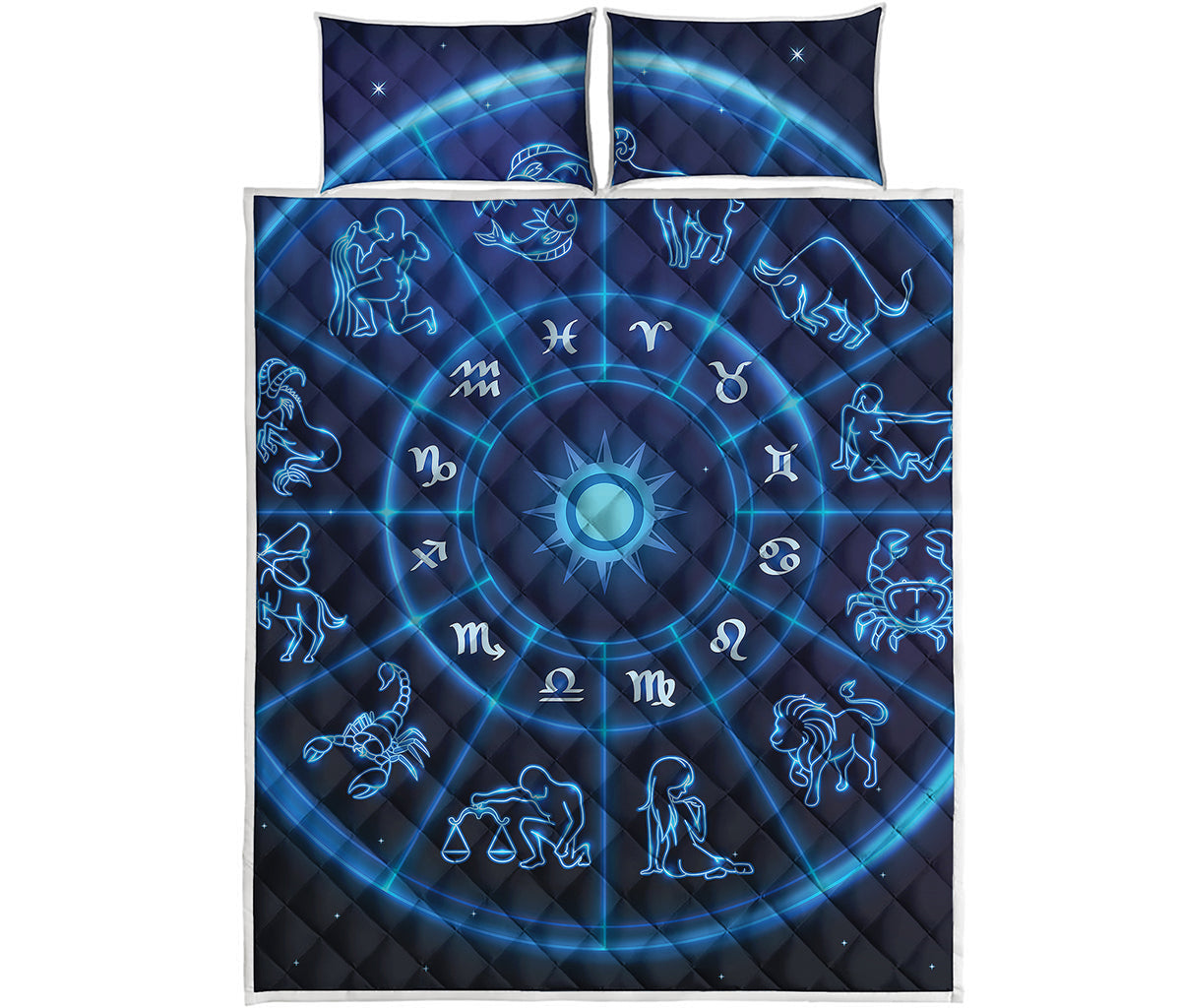 Blue Light Zodiac Circle Print Quilt Bed Set