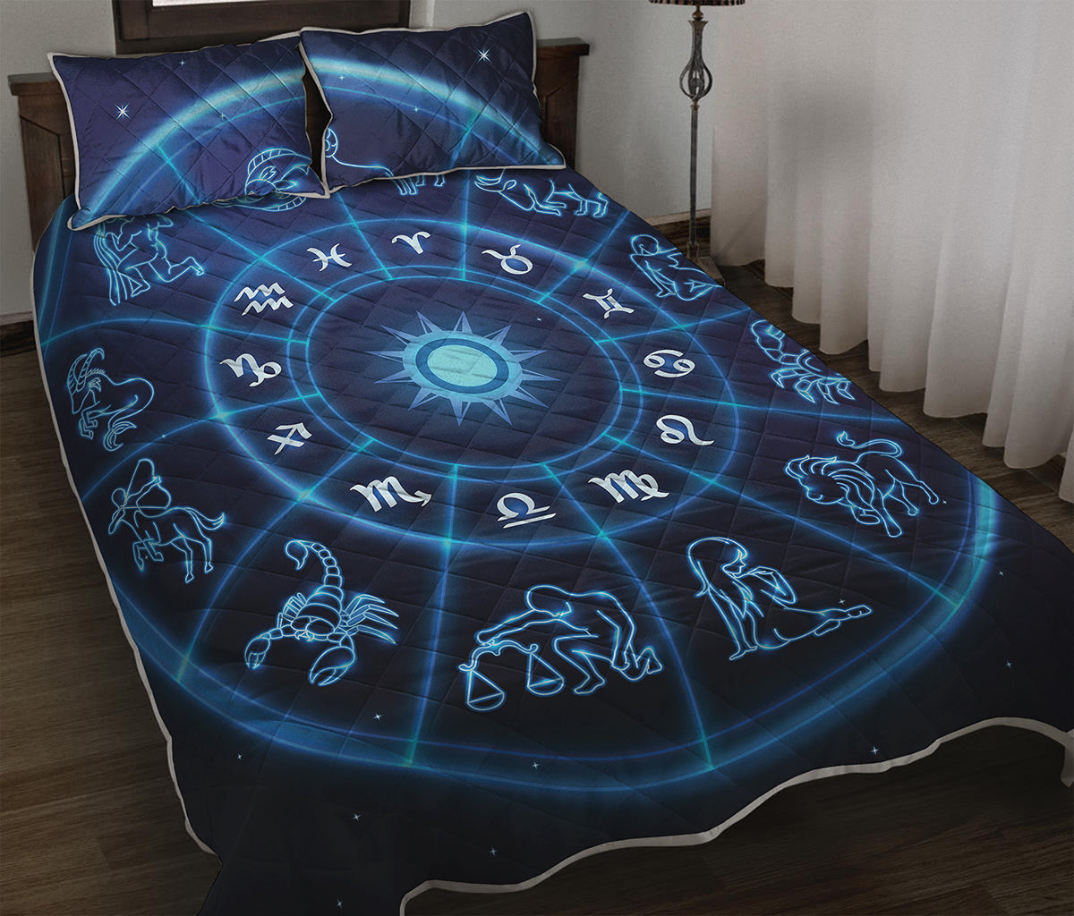 Blue Light Zodiac Circle Print Quilt Bed Set
