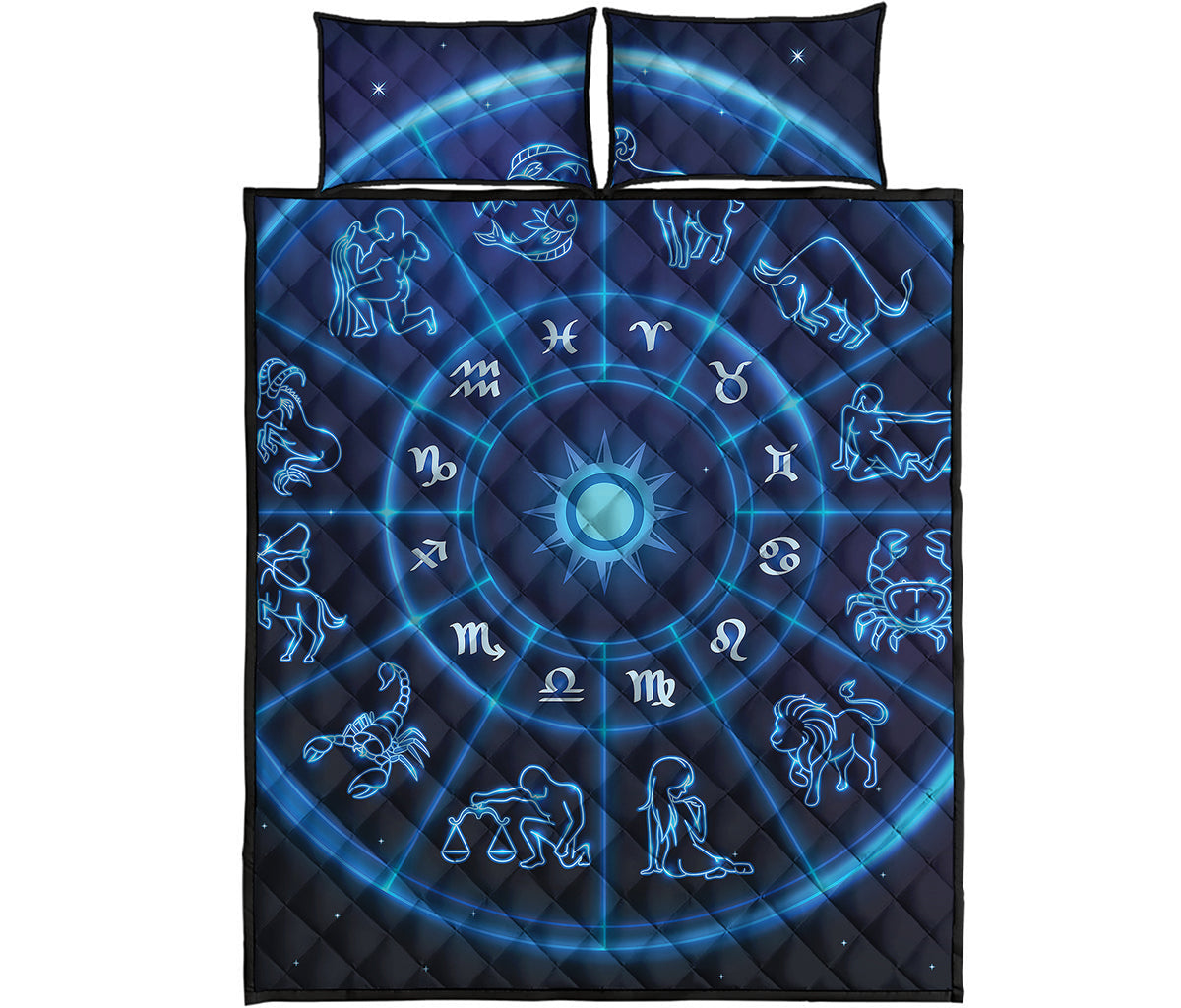 Blue Light Zodiac Circle Print Quilt Bed Set