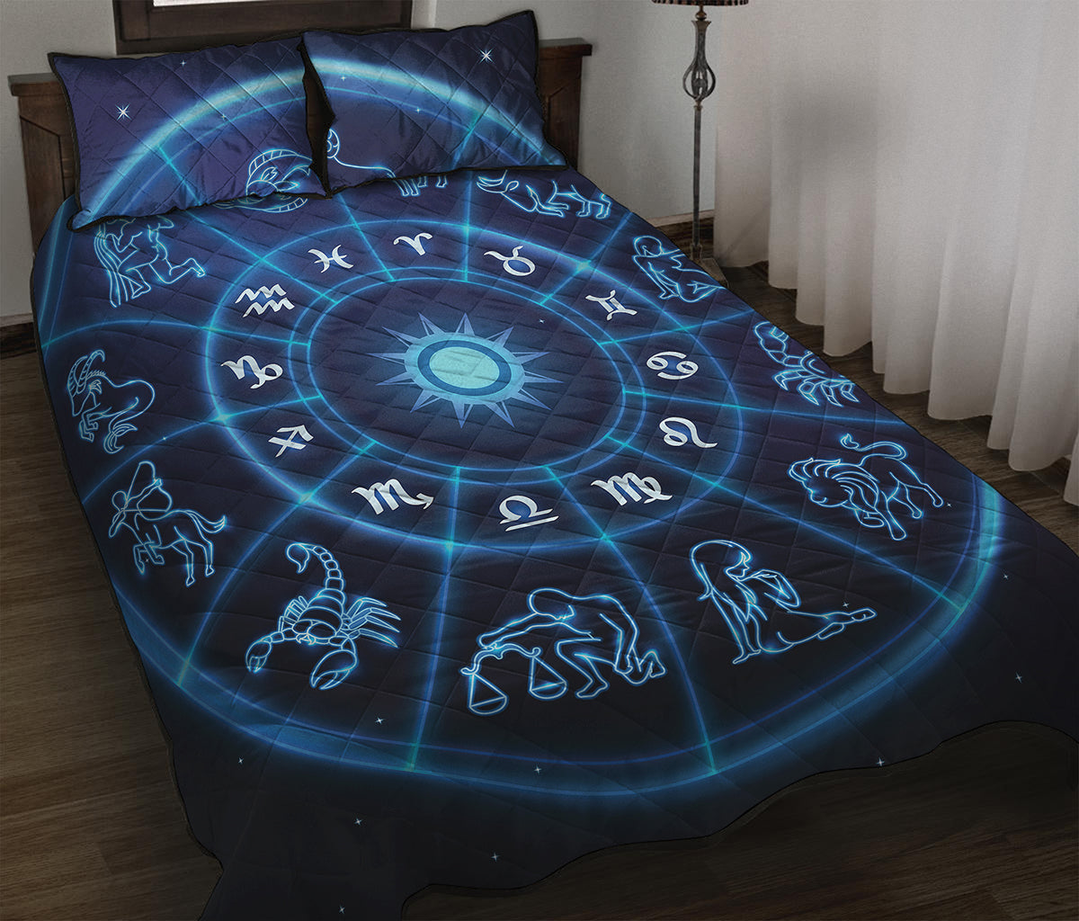 Blue Light Zodiac Circle Print Quilt Bed Set