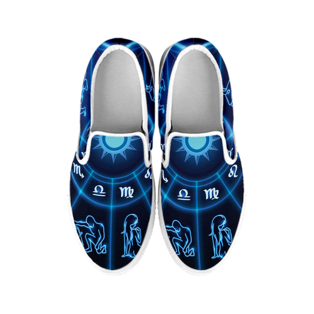 Blue Light Zodiac Circle Print White Slip On Shoes