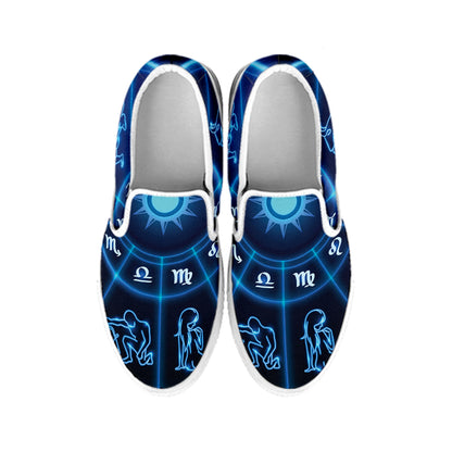 Blue Light Zodiac Circle Print White Slip On Shoes