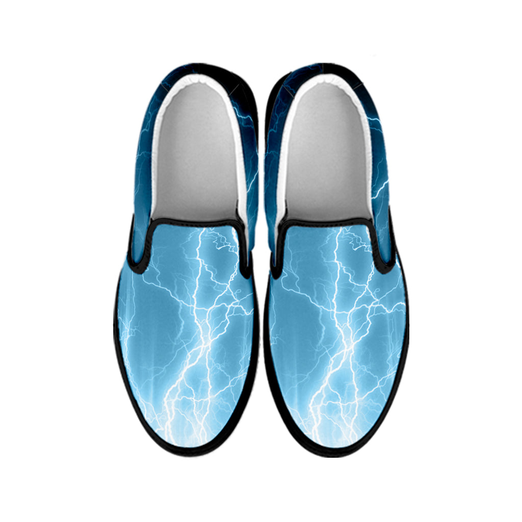 Blue Lightning Print Black Slip On Shoes