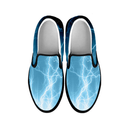 Blue Lightning Print Black Slip On Shoes