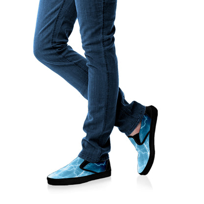 Blue Lightning Print Black Slip On Shoes
