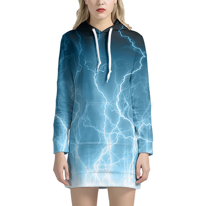 Blue Lightning Print Hoodie Dress