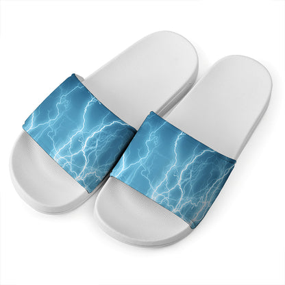 Blue Lightning Print White Slide Sandals