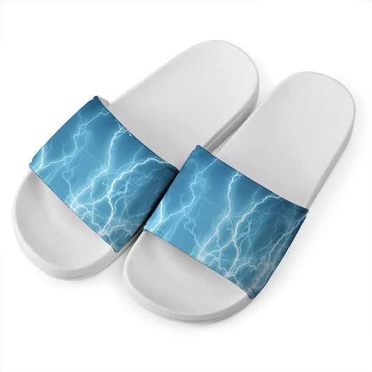 Blue Lightning Print White Slide Sandals