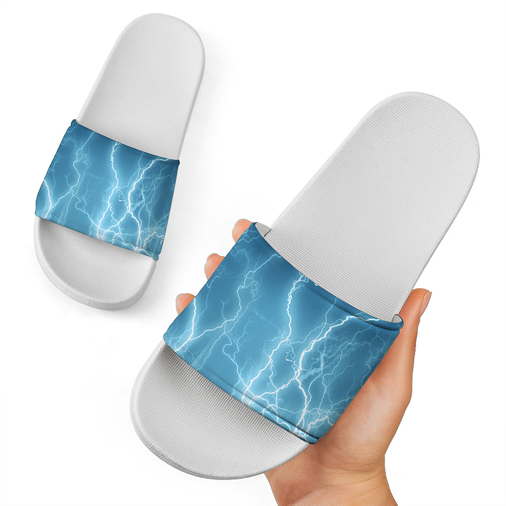 Blue Lightning Print White Slide Sandals