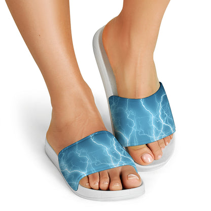 Blue Lightning Print White Slide Sandals