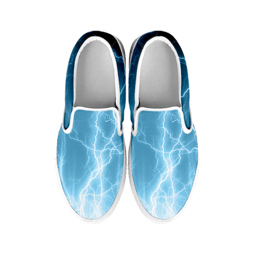 Blue Lightning Print White Slip On Shoes