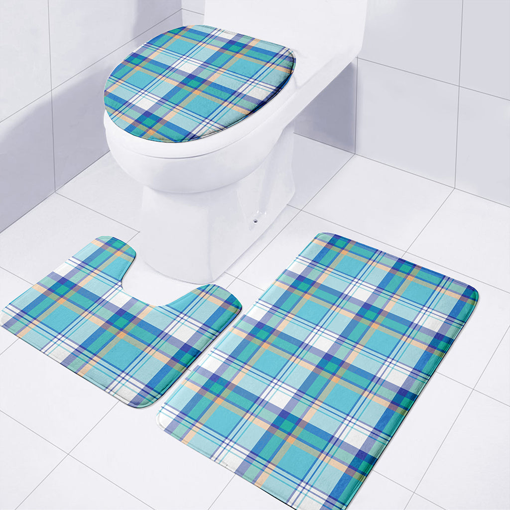 Blue Madras Pattern Print 3 Piece Bath Mat Set