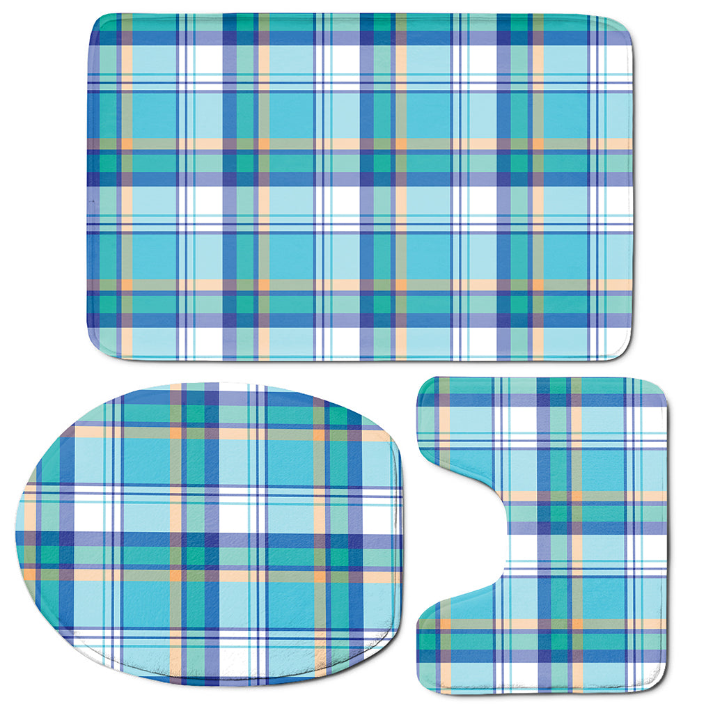 Blue Madras Pattern Print 3 Piece Bath Mat Set