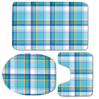 Blue Madras Pattern Print 3 Piece Bath Mat Set