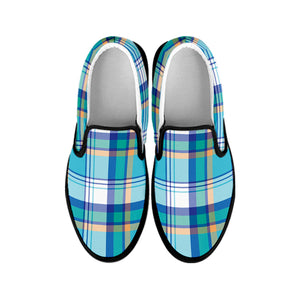 Blue Madras Pattern Print Black Slip On Shoes