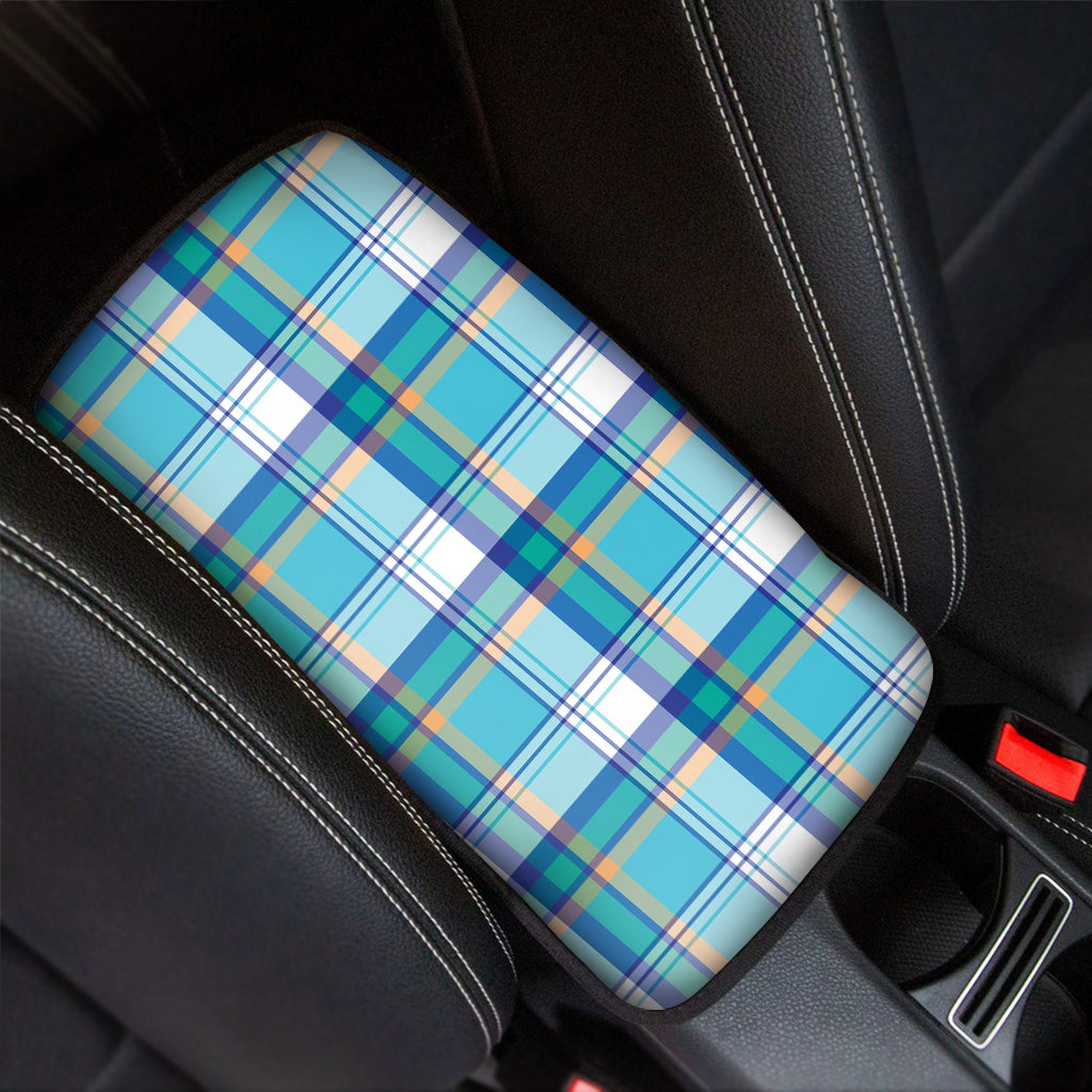 Blue Madras Pattern Print Car Center Console Cover