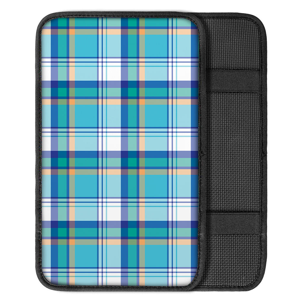 Blue Madras Pattern Print Car Center Console Cover