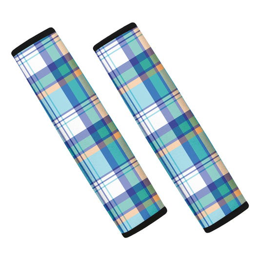 Blue Madras Pattern Print Car Seat Belt Covers