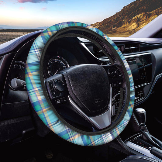 Blue Madras Pattern Print Car Steering Wheel Cover