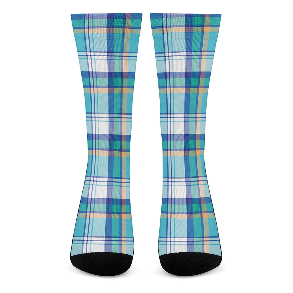 Blue Madras Pattern Print Crew Socks