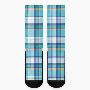 Blue Madras Pattern Print Crew Socks