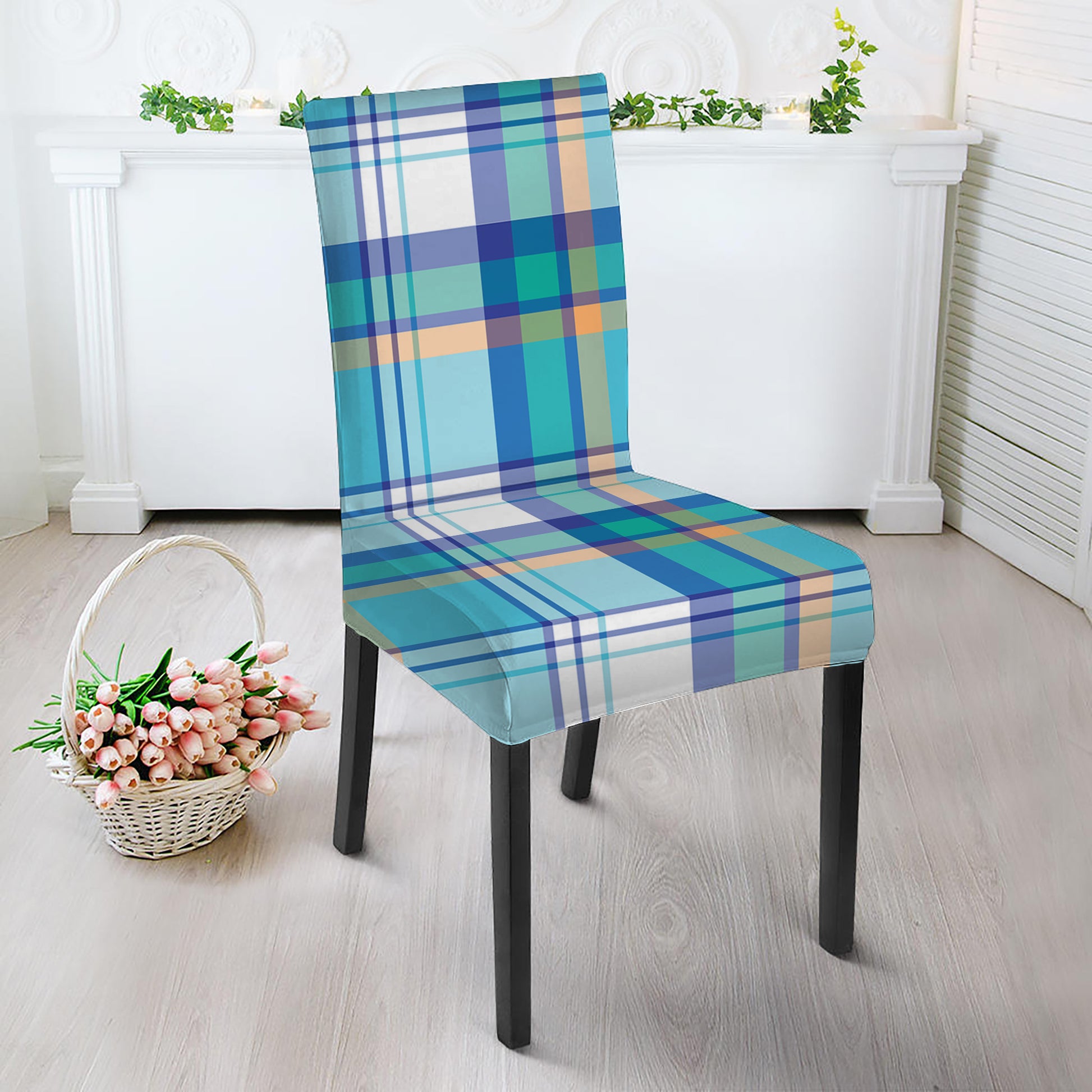 Blue Madras Pattern Print Dining Chair Slipcover