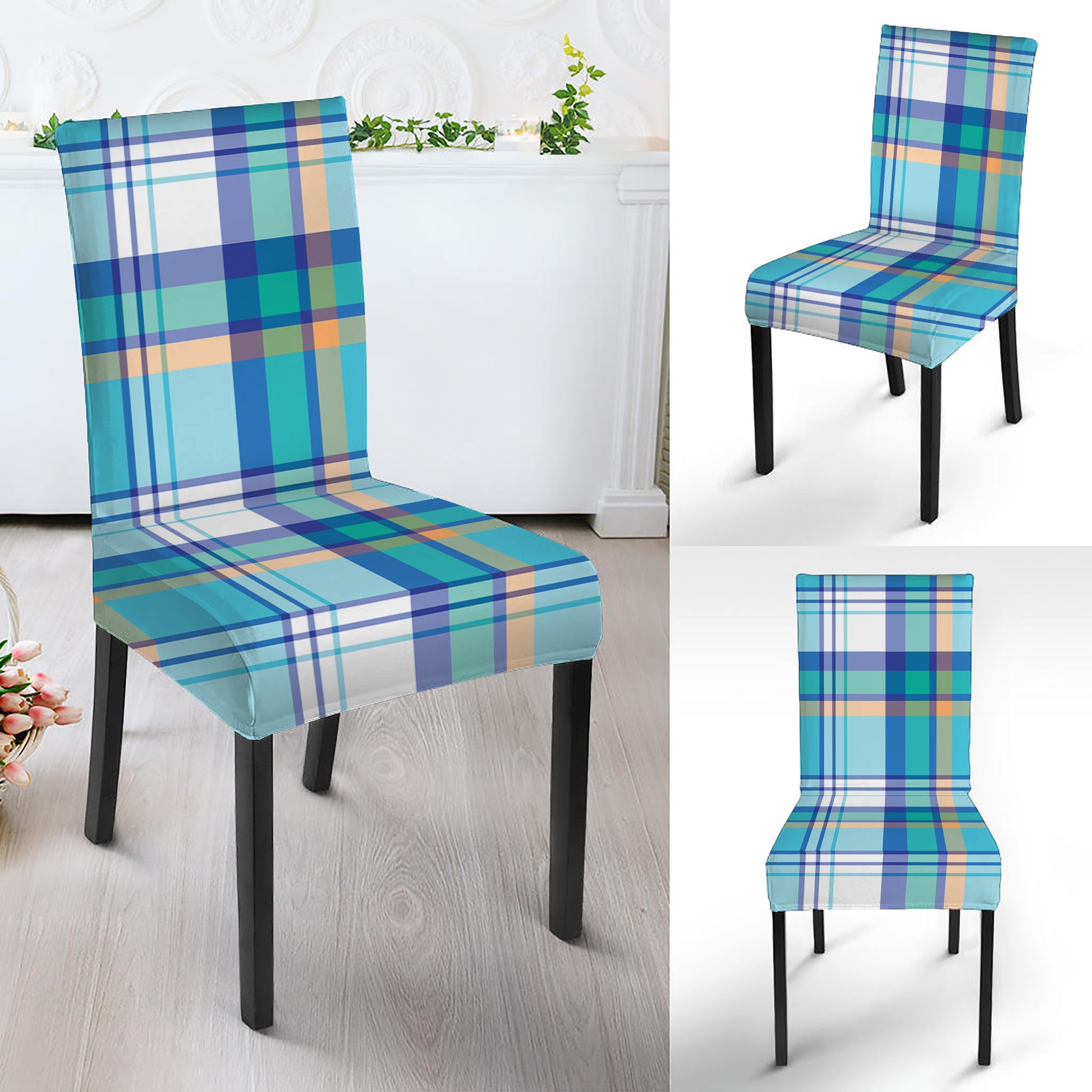 Blue Madras Pattern Print Dining Chair Slipcover