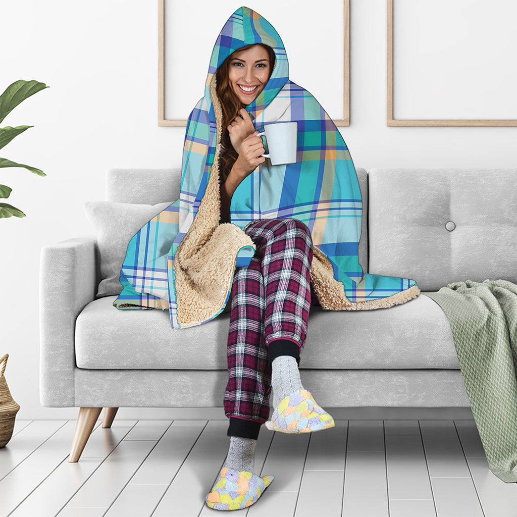 Blue Madras Pattern Print Hooded Blanket
