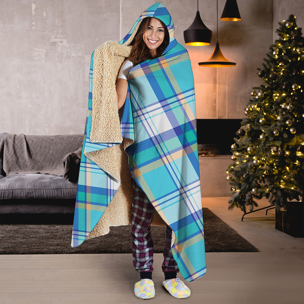 Blue Madras Pattern Print Hooded Blanket