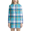 Blue Madras Pattern Print Pullover Hoodie Dress