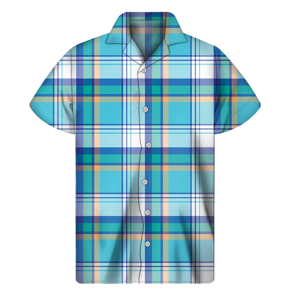 Blue Madras Pattern Print Men's Short Sleeve Shirt