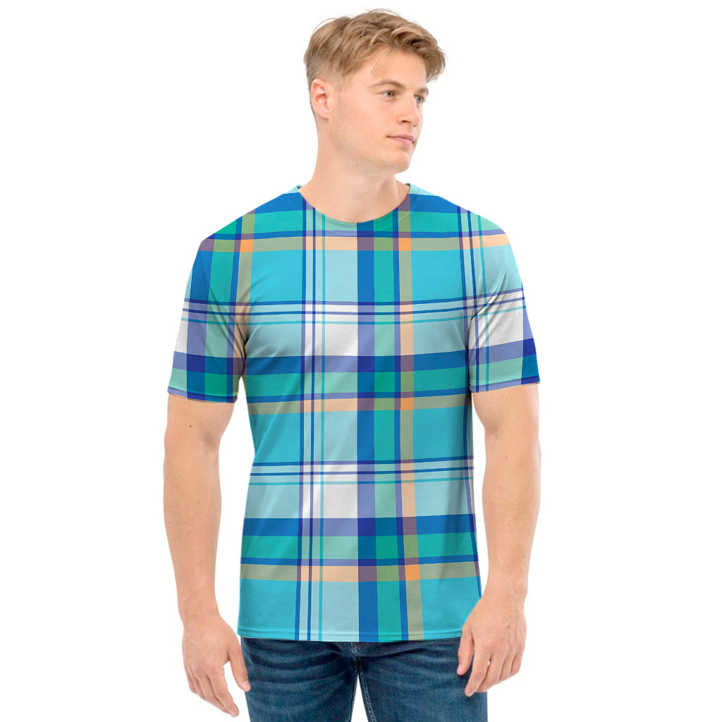 Blue Madras Pattern Print Men's T-Shirt