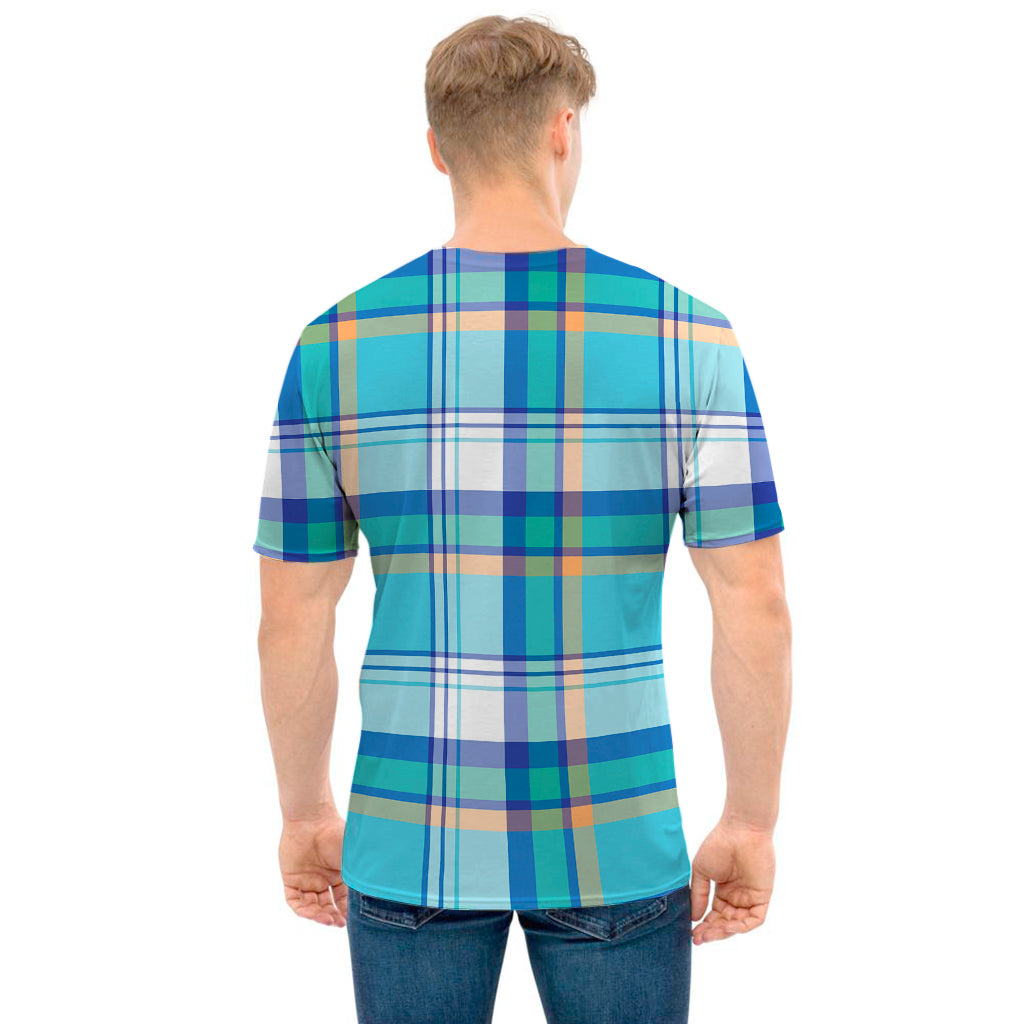 Blue Madras Pattern Print Men's T-Shirt