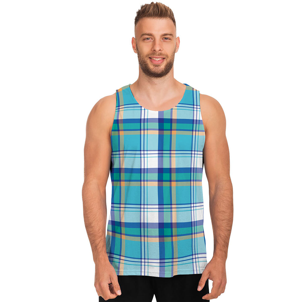 Blue Madras Pattern Print Men's Tank Top