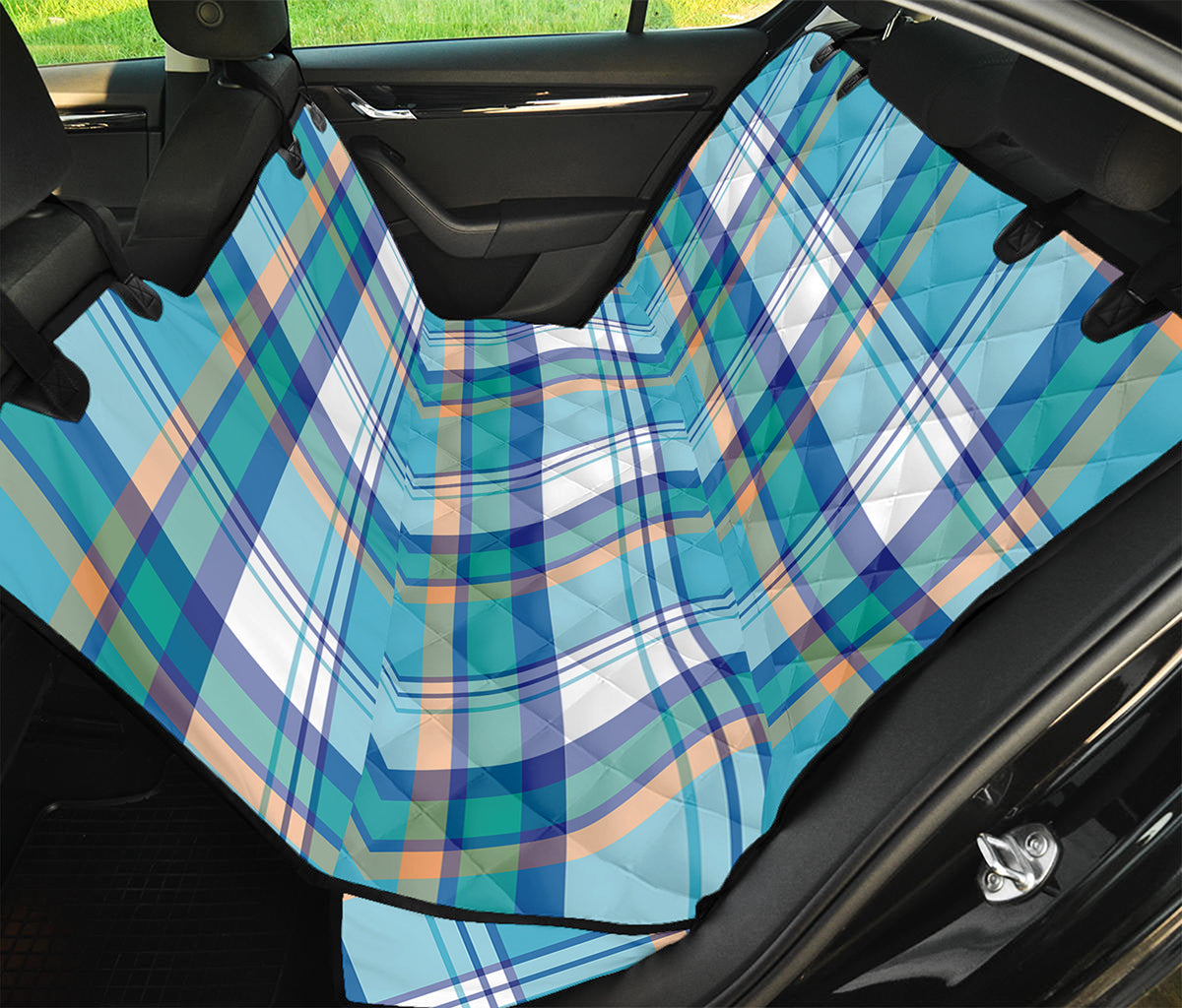 Blue Madras Pattern Print Pet Car Back Seat Cover