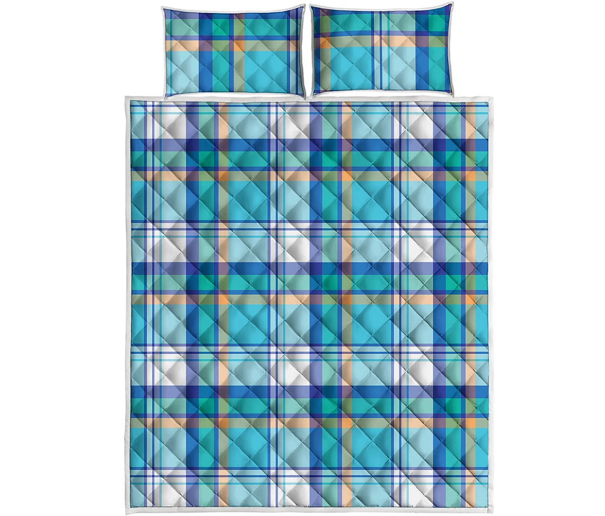Blue Madras Pattern Print Quilt Bed Set