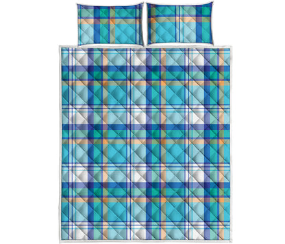 Blue Madras Pattern Print Quilt Bed Set