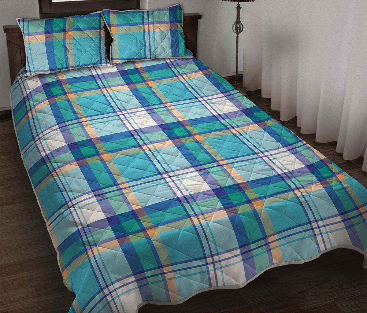 Blue Madras Pattern Print Quilt Bed Set