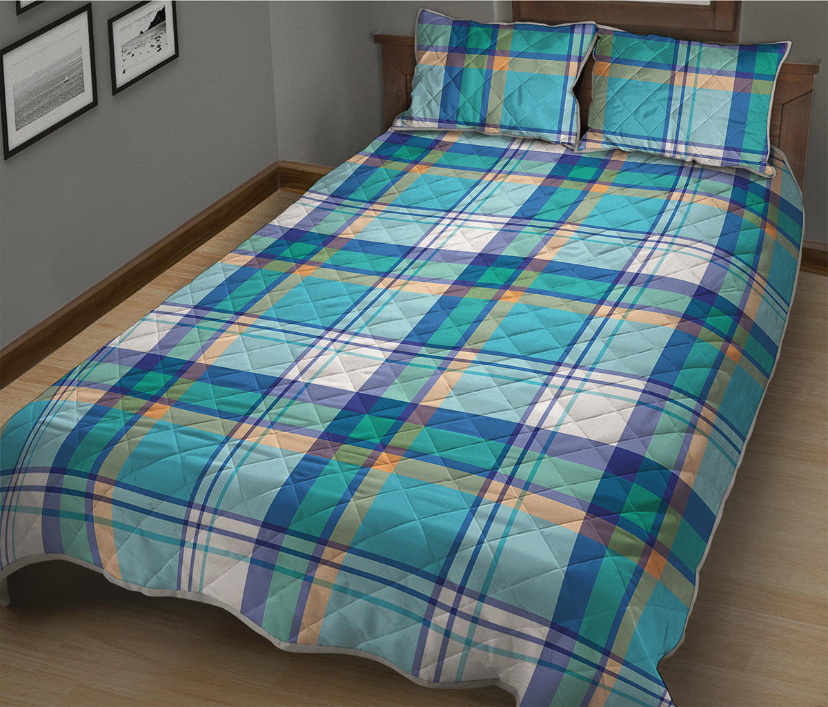 Blue Madras Pattern Print Quilt Bed Set