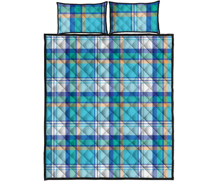 Blue Madras Pattern Print Quilt Bed Set