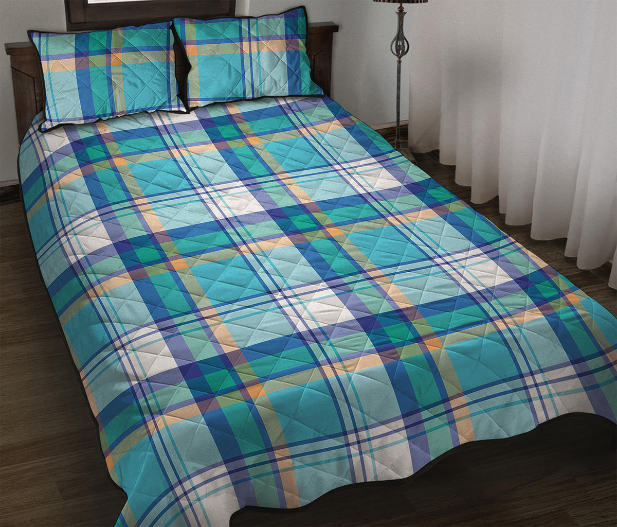 Blue Madras Pattern Print Quilt Bed Set