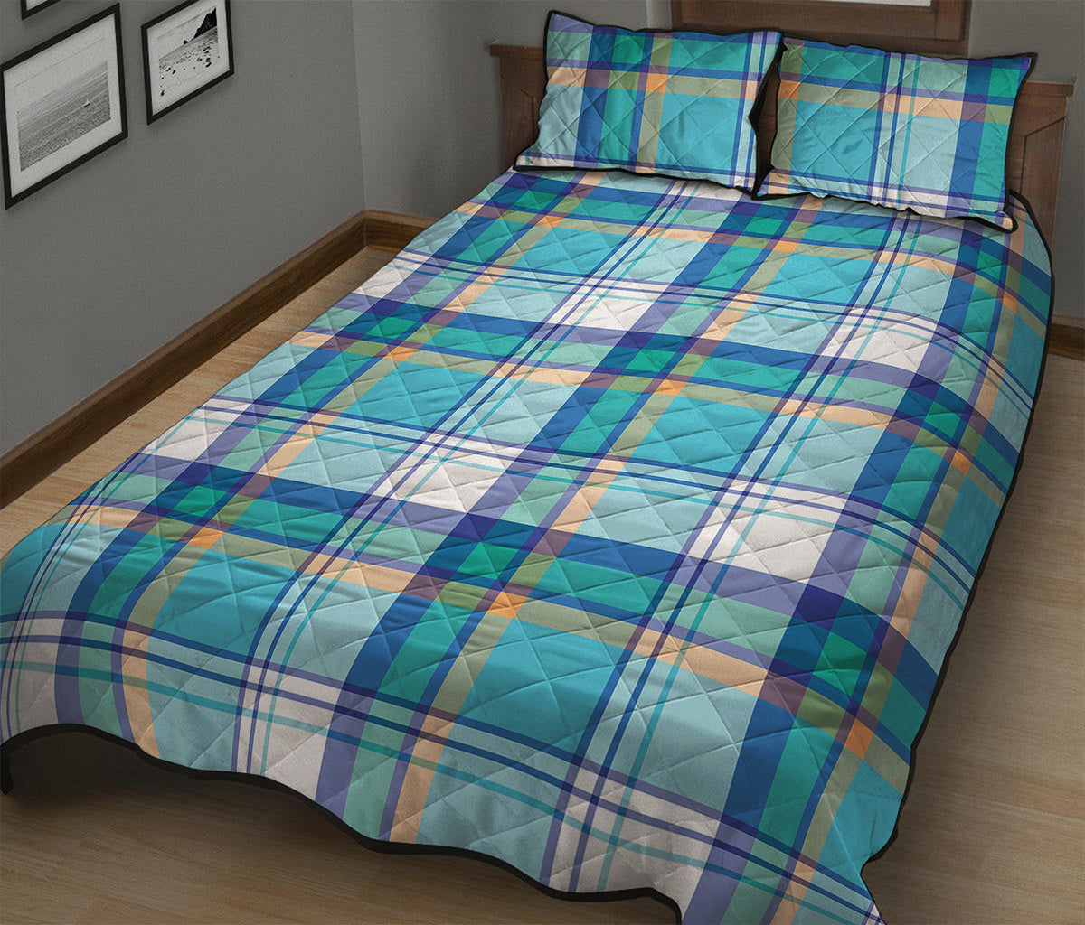 Blue Madras Pattern Print Quilt Bed Set
