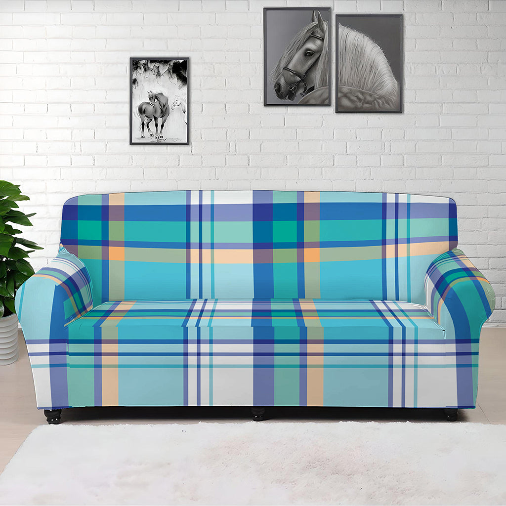 Blue Madras Pattern Print Sofa Cover