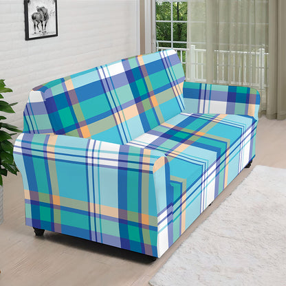 Blue Madras Pattern Print Sofa Cover