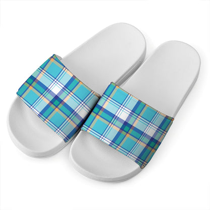 Blue Madras Pattern Print White Slide Sandals